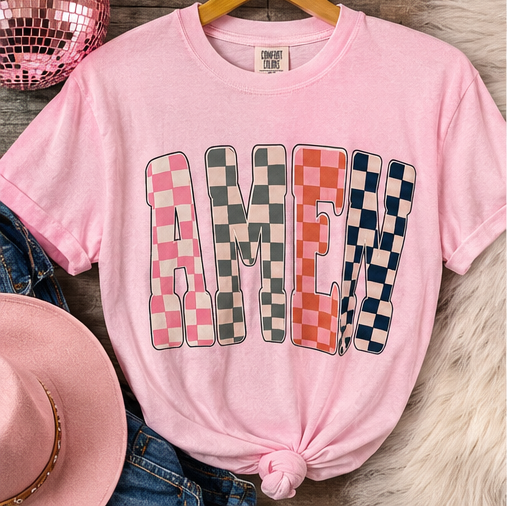 Pink Amen Checkered Print Tshirt